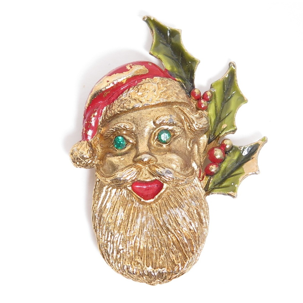 VINTAGE OLD‎ SANTA CLAUSE & HOLLY CHRISTMAS ENAMEL RHINESTONE GOLD BROOCH PIN